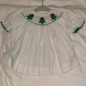 Festive White and Green Kids Blouse with Christmas Tree Embroidery